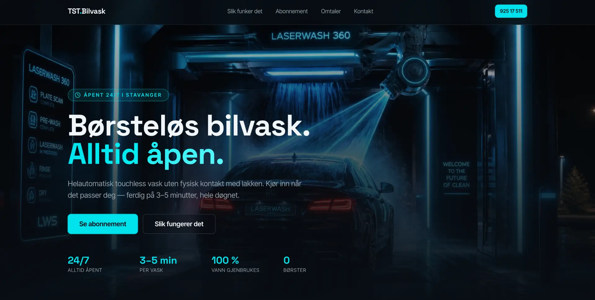 Hero section of the TST Bilvask website showing a touchless car wash