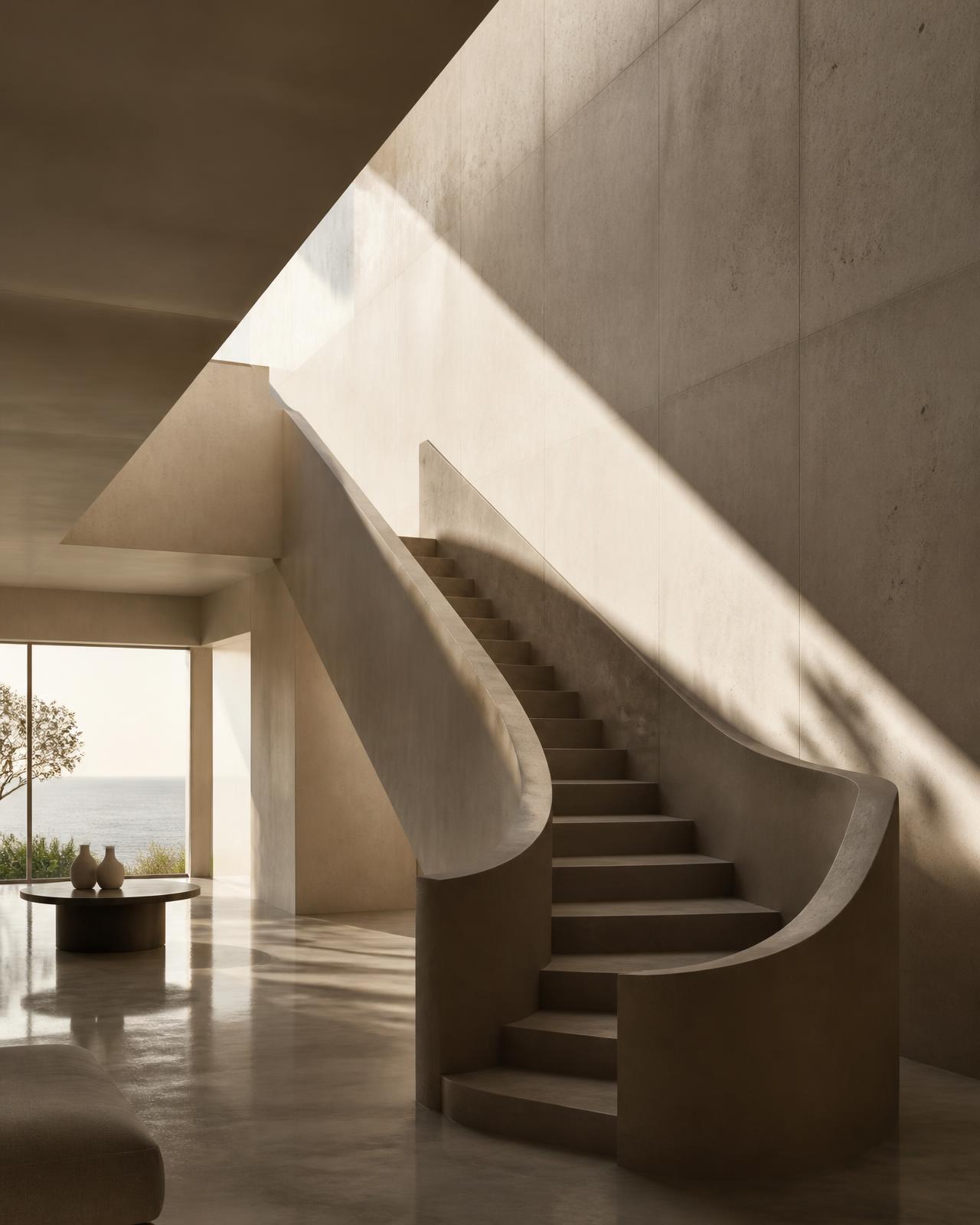 Architectural interior with a sculptural staircase and warm daylight